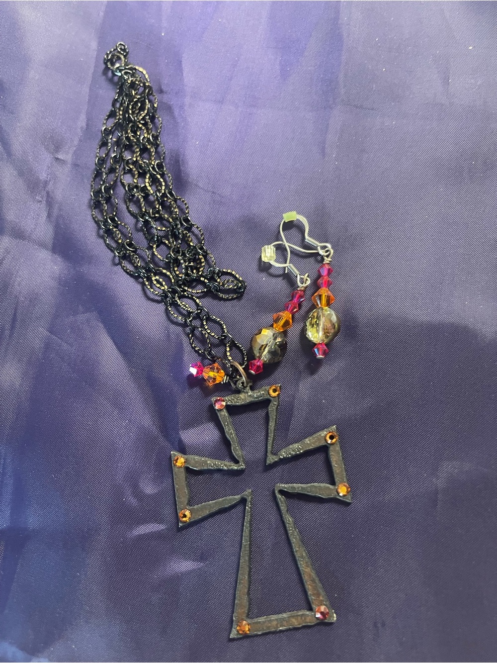 Black Cross Pendant Necklace with Pink & Orange Crystal Accents